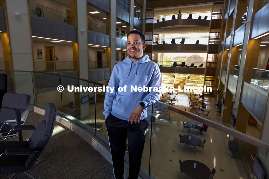 Ra’Daniel Arvie, a junior management major, pictured inside the Howard Hawks Hall (College of Business) for an ASEM recruitment story. April 29, 2021. Photo by Craig Chandler / University Communication.  