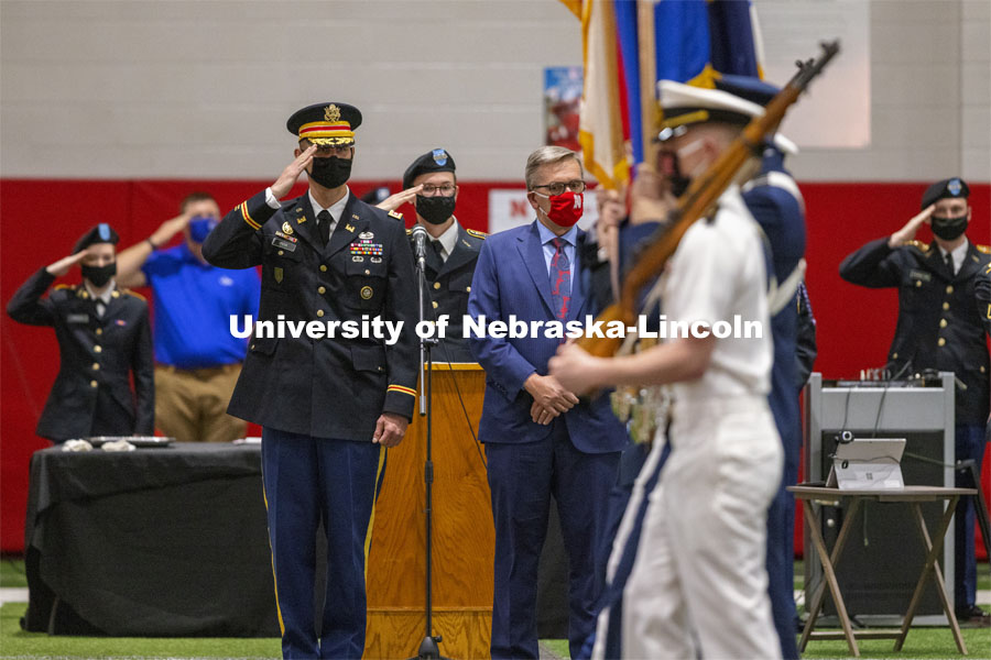 Chancellor Ronnie Green presided over the ROTC Joint Service Chancellor’s Review Thursday afternoon in Cook Pavilion. April 29, 2021. Photo by Craig Chandler / University Communication.