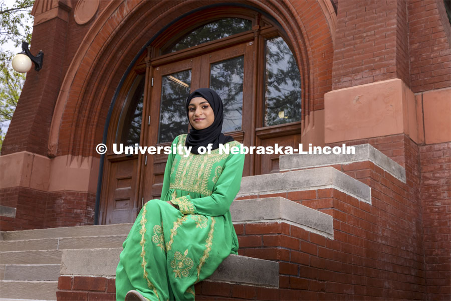 Wijdan Al Mamari an international UNL student from Oman, who is studying in Landscape Architecture poses outside of Architecture Hall. Photo for ASEM recruitment feature story. May 5, 2021. Photo by Craig Chandler / University Communication.  
