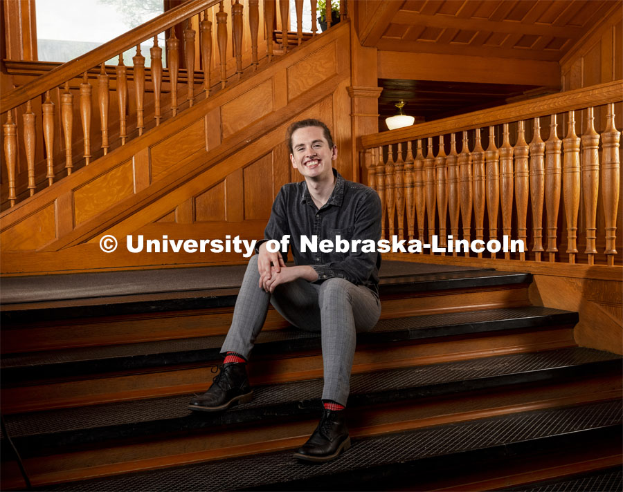 Aus Perez, landscape architecture major poses on the steps inside Architecture Hall for ASEM recruitment feature story. May 5, 2021. Photo by Craig Chandler / University Communication.  