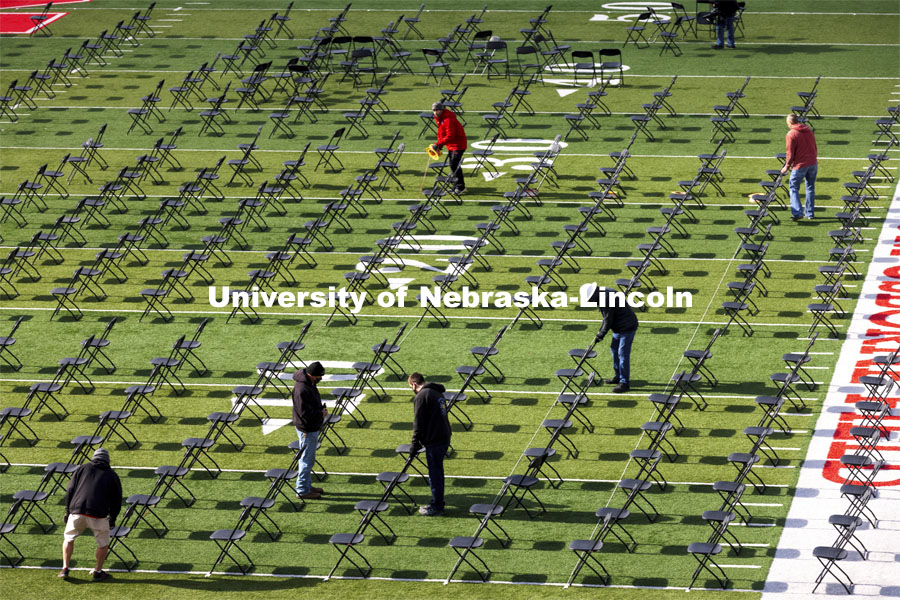 Chairs are set up on Tom Osbourne Field in Memorial Stadium for Saturday’s commencement. May 6, 2021. Photo by Craig Chandler / University Communication.