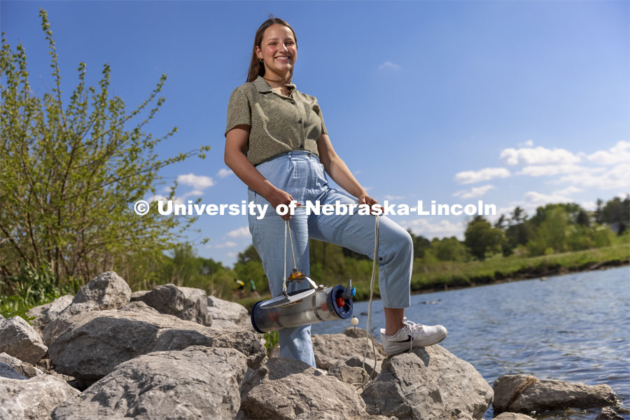 Malayna Wingert, a junior Biological Systems Engineering major. Pictured by a lake for ASEM recruitment story. May 6, 2021. Photo by Craig Chandler / University Communication.  