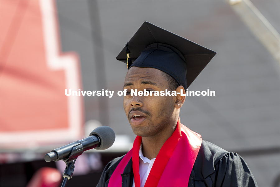Maurice Garrett, a Bachelor of Music Education degree candidate, sang the National Anthem at the morning ceremony. UNL Commencement in Memorial Stadium. May 8, 2021. Photo by Craig Chandler / University Communication.