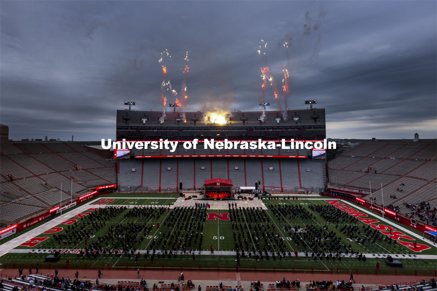 Fireworks spells out two “N”s during the recessional following the second afternoon ceremony. The university conferred a record 3,594 degrees during the May commencement ceremonies. UNL Commencement in Memorial Stadium. May 8, 2021. Photo by Craig Chandler / University Communication.