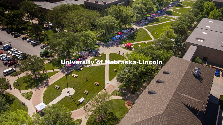 Aerial view of the East Campus Discovery Days and Farmer’s Market at UNL. A fun, family-friendly event for all ages. It’s more than a farmer’s market. It’s more than a science day. Come for the hands-on, science-focused fun. Stay to enjoy live music and food trucks. Shop at our farmer’s market and vendor fair. June 12, 2021. Photo by Craig Chandler / University Communication.