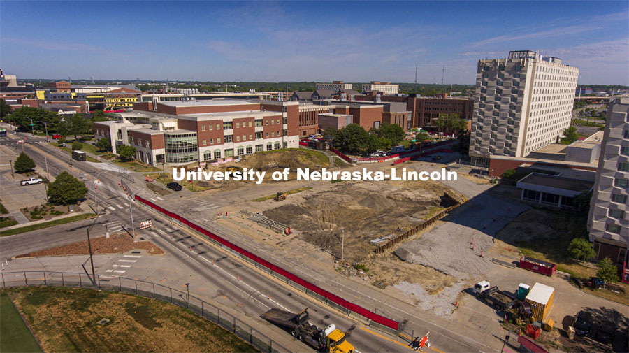 Aerial views of the construction on the new College of Engineering building,  Kiewit Hall. June 22, 2021. Photo by Craig Chandler / University Communication.