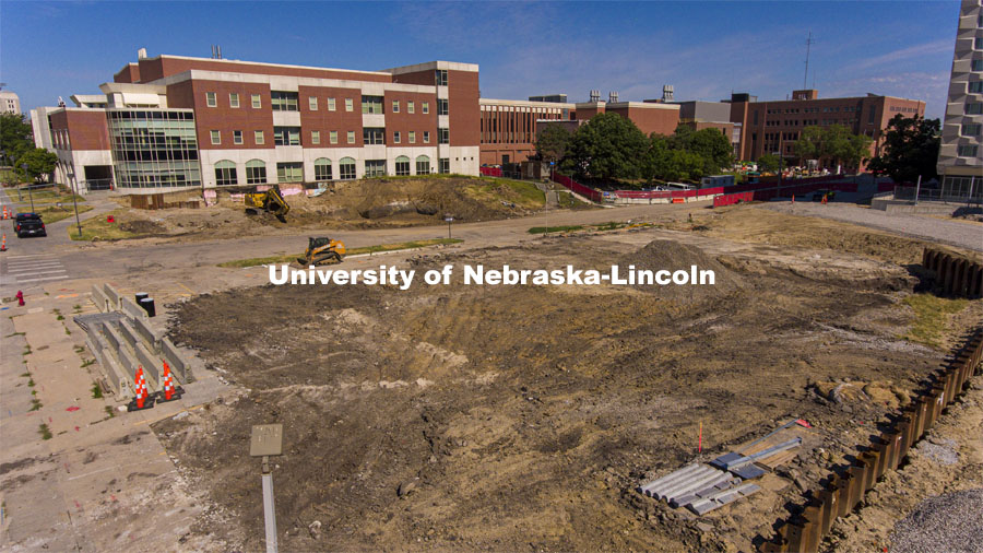 Aerial views of the construction on the new College of Engineering building,  Kiewit Hall. June 22, 2021. Photo by Craig Chandler / University Communication.