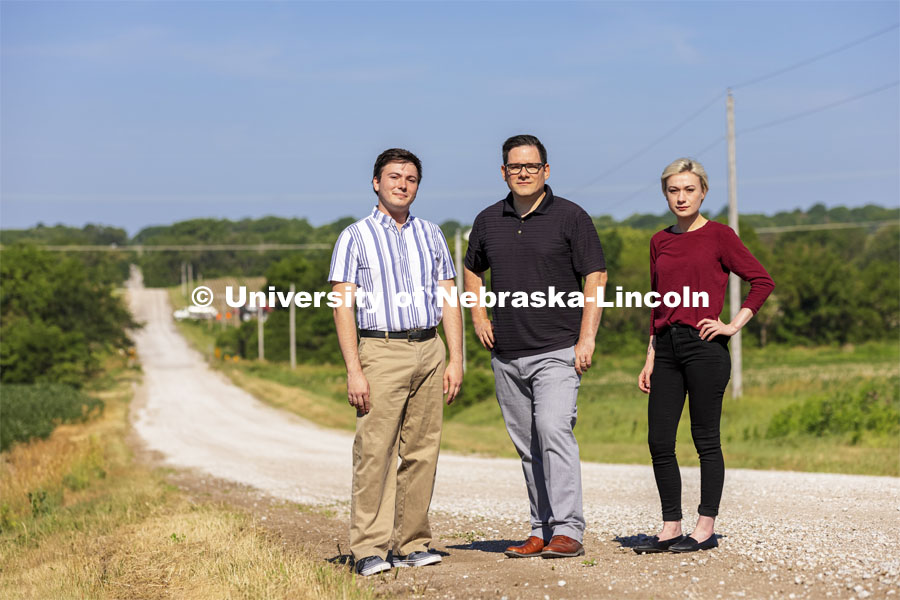 Ryan Herrschaft, Patrick Habecker and Bergen Johnston are researching rural drug addiction and drug use trends in Nebraska, and particularly looking at meth overdoses, which outnumber opioid overdoses in the state. Herrschaft, Habecker, and Bergen are part of the Rural Drug Addiction Research Center. June 23, 2021. Photo by Craig Chandler / University Communication.