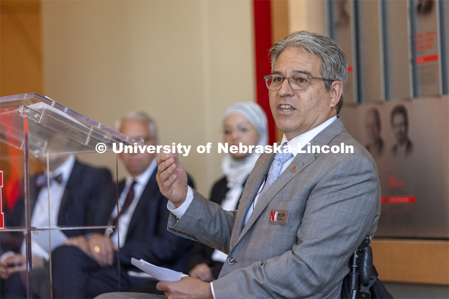 Lance C. Pérez, dean of engineering, talks during the June 28 groundbreaking ceremony. Pérez said the project will be game-changer for the university and state. College of Engineering’s Kiewit Hall groundbreaking. June 28, 2021. Photo by Craig Chandler / University Communication.