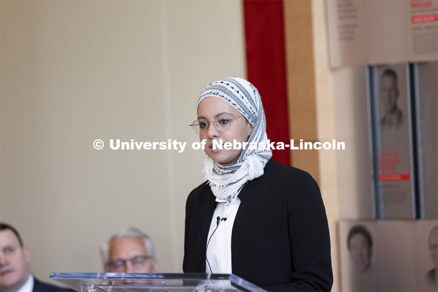 Noha Algahimi, a senior in chemical engineering, represented College of Engineering students for the Kiewit Hall groundbreaking of the new College of Engineering building. June 28, 2021. Photo by Craig Chandler / University Communication.