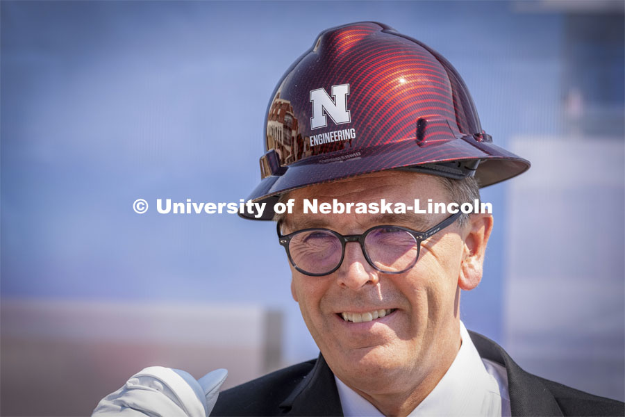 Chancellor Ronnie Green wears his hard hat at the Kiewit Hall groundbreaking for the new College of Engineering building. June 28, 2021. Photo by Craig Chandler / University Communication.