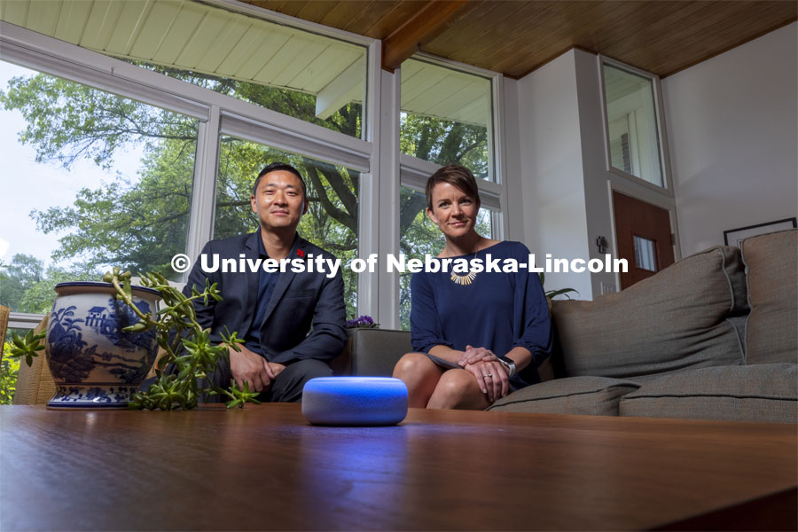 Changmin Yan and Valerie Jones collaborated with researchers at the University of Nebraska Medical Center and University of Nebraska at Omaha, through the College of Journalism and Mass Communication’s Consortium for Health Promotion and Translational Research. They found that interacting with personal voice assistants such as Amazon’s Echo Dot, otherwise known as Alexa, can lessen loneliness in older Americans who live alone. July 6, 2021. Photo by Craig Chandler / University Communication. 