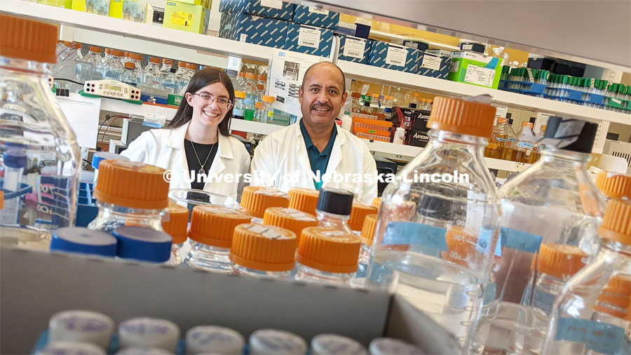 When the coronavirus pandemic struck, Nebraska's Katherine LaTourrette (left) and her doctoral adviser, Hernan Garcia-Ruiz, were busy researching plant viruses. The lab responded by turning its analytical tools to the study of betacoronaviruses, which include the COVID-19-causing SARS-CoV-2. July 13, 2021. Photo by Scott Schrage / University Communication.