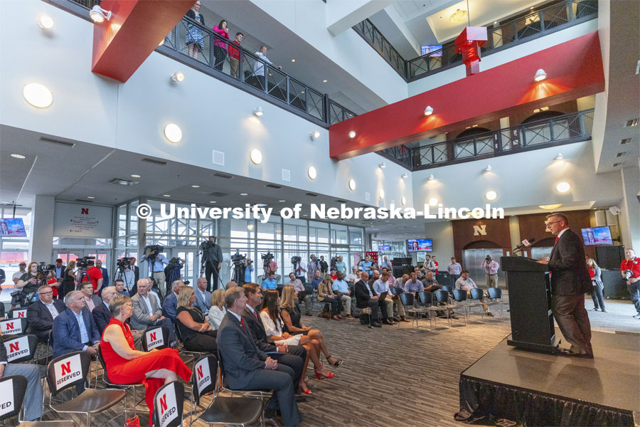 Chancellor Ronnie Green talks to the crowd to announce Trev Alberts has been named Nebraska's Athletic Director. Alberts returns to his alma mater after spending the last 12 years at UNO. July 14 2021. Photo by Craig Chandler / University Communication.