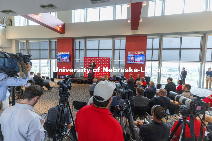 New Nebraska Athletic Director Trev Alberts addresses the media at the press conference. Alberts returns to his alma mater after spending the last 12 years at UNO. July 14 2021. Photo by Craig Chandler / University Communication.