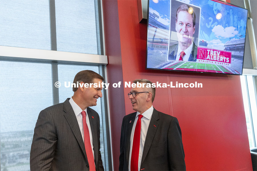 New Nebraska Athletic Director Trev Alberts and Chancellor Ronnie Green talk after the press conference. Alberts returns to his alma mater after spending the last 12 years at UNO. July 14 2021. Photo by Craig Chandler / University Communication.