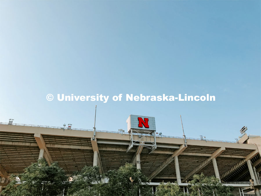 Exterior view of Memorial Stadium's stands. City Campus. July 21, 2021. Photo by Katie Black / University Communication.