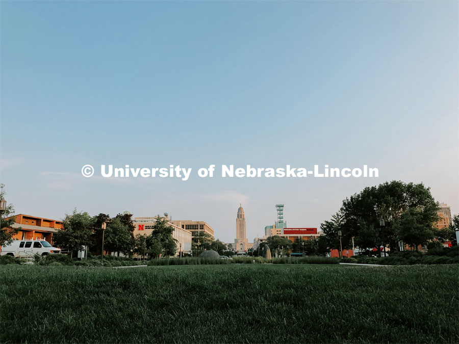 Looking down Centennial Mall toward downtown Lincoln. City Campus. July 21, 2021. Photo by Katie Black / University Communication.