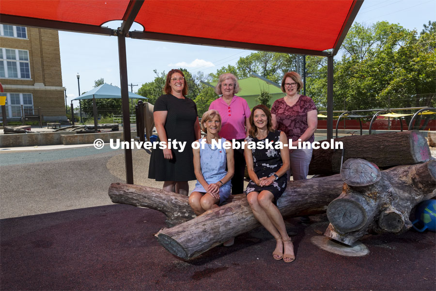 CYFS group awarded DoEd grant to support early intervention services to help the families of infants and toddlers who are not developing typically. From left: Rachel Schachter, Sue Sheridan, Gwen Nugent, Lisa Knoche, all of UNL, and Sue Bainter, Nebraska Department of Education. July 28, 2021. Photo by Craig Chandler / University Communication.