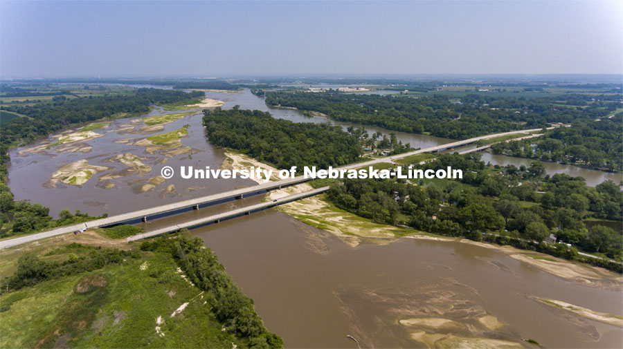 NOBL, the Nebraska Outdoor Bridge Lab as part of the College of Engineering is turning two bridge sites (for a total of three bridges) into a national research and educational facility for bridge health and testing. This bridge is across the Platte River on Highway 92 between Yutan and Omaha. August 9, 2021. Photo by Craig Chandler / University Communication.