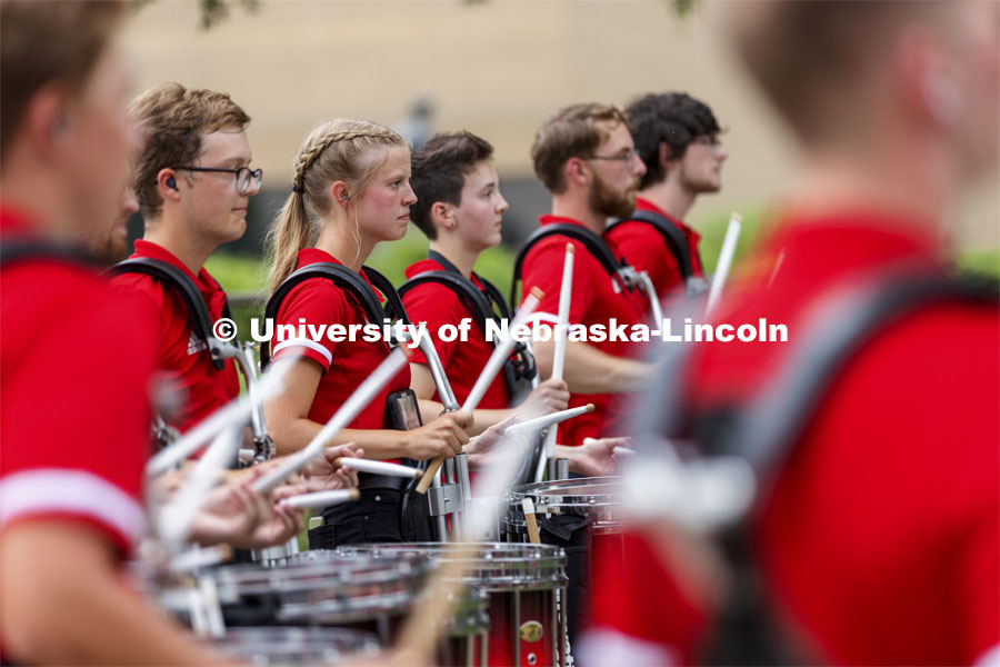 Big Red Welcome week featured the Cornhusker Marching Band Exhibition. The band gave their warm-up concert outside of Kimball Recital Hall and then marched to the stadium. Lightning then caused the show to be cancelled. August 20, 2021. Photo by Craig Chandler / University Communication.