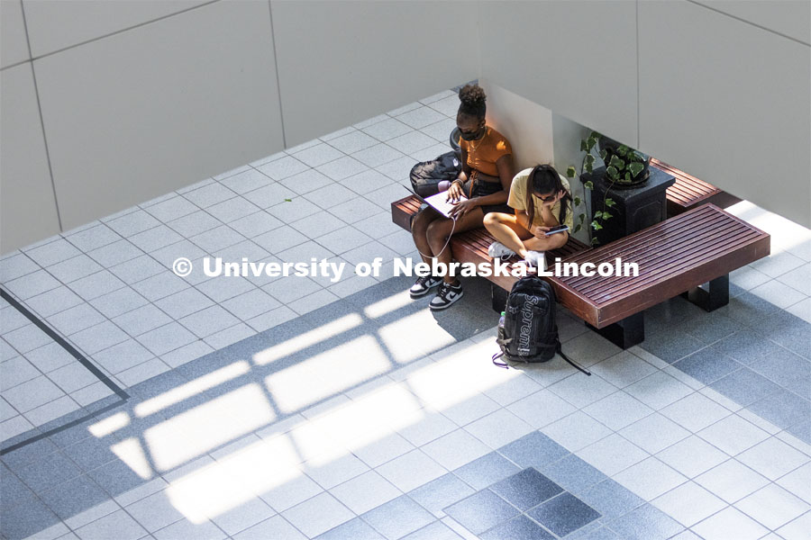 Students study in the Beadle Hall lobby. September 1, 2021. Photo by Craig Chandler / University Communication.