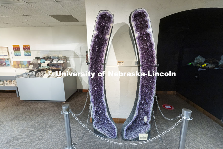 The giant amethyst geode quartz crystal. This particular specimen, often called the “purple parenthesis”. State Museum exhibits in Morrill Hall. September 2, 2021. Photo by Craig Chandler / University Communication.