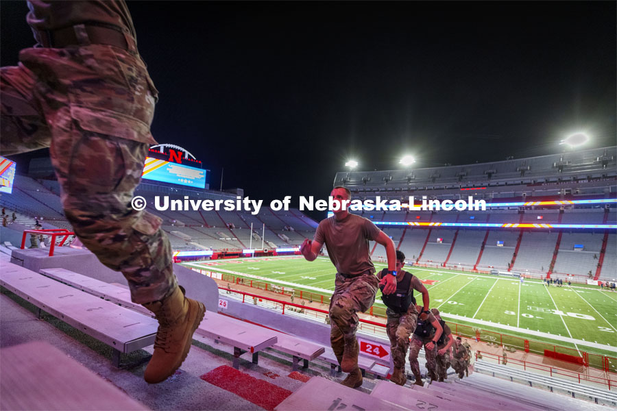 Army ROTC cadets and cadre run the west stadium steps Thursday morning. UNL ROTC cadets and Lincoln first responders run the steps of Memorial Stadium to honor those who died on 9/11.  Each cadet ran more than 2,000 steps. September 9, 2021. Photo by Craig Chandler / University Communication.