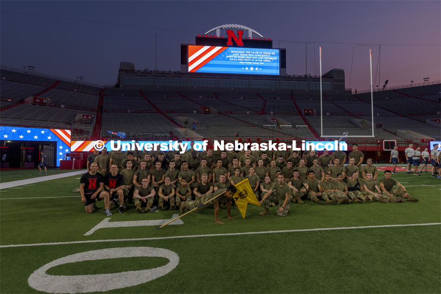 UNL ROTC cadets pose for a group photo after running the steps of Memorial Stadium to honor those who died on 9/11. Each cadet ran more than 2,000 steps. September 9, 2021. Photo by Craig Chandler / University Communication.