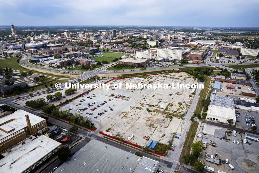 The former Cushman factory site owned by UNL is the site for a new living development aimed at alumni. This aerial photo shows the proposed site of the Unity Commons mixed-use development at 2100 Vine St. September 24, 2021. Photo by Craig Chandler / University Communication.