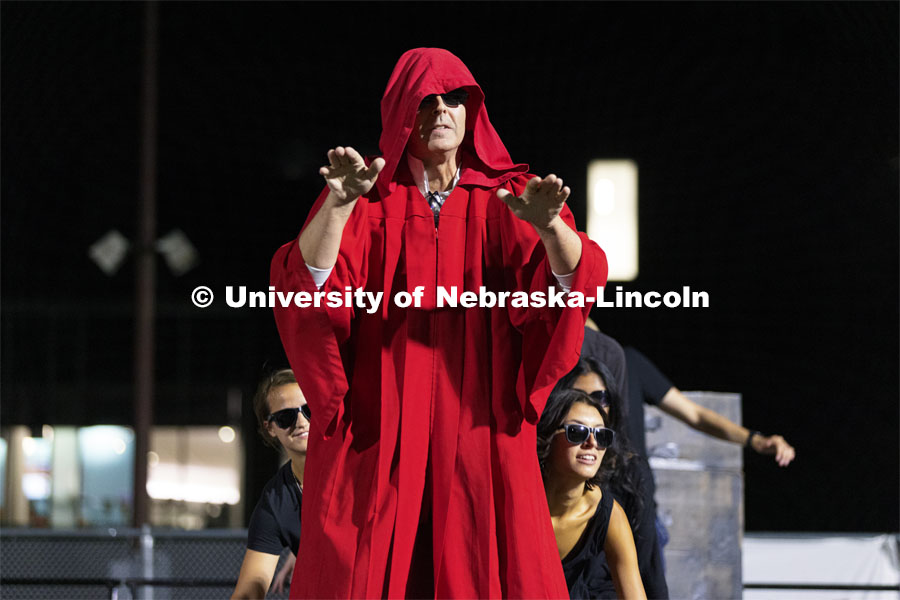 Disguised in a red robe, Chancellor Ronnie Green dances to "The Real Slim Shady" at Showtime at the Vine Street Fields. Recognized Student Organizations, Greeks and Residence Halls battle against each other with performances for Homecoming competition points and ultimate bragging rights. September 27, 2021. Photo by Craig Chandler / University Communication.