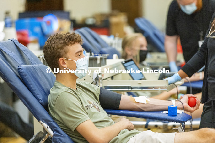 Students donating blood at the Homecoming week blood drive in Nebraska Union. September 28, 2021. Photo by Craig Chandler / University Communication.
