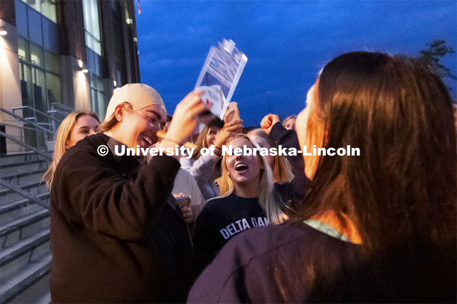 The winner of the Jester Competition celebrates with fellow Delta Gamma sorority members. Homecoming Parade and Cornstalk Festival. October 1, 2021. Photo by Craig Chandler / University Communication.