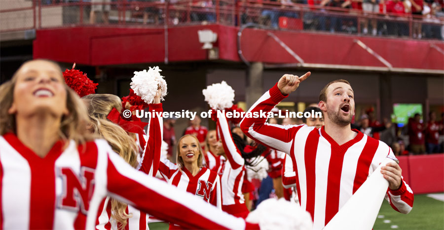 The NU Spirit Squad cheers on the Huskers. Nebraska vs Northwestern University homecoming game. October 2, 2021. Photo by Craig Chandler / University Communication.