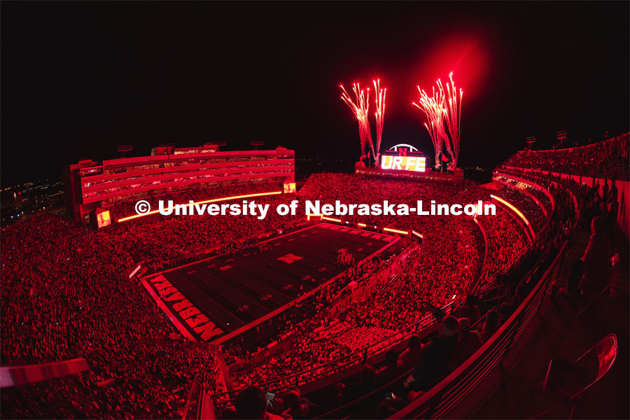 Memorial Stadium glows red in between the third and fourth quarters in a new Husker tradition.  October 2, 2021. Photo by Josh Ferdico / Husker Athletics