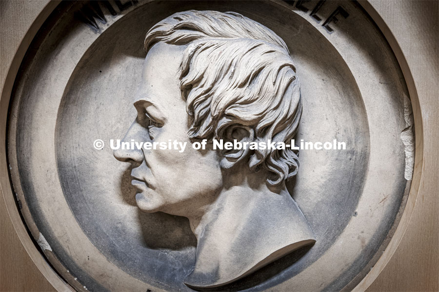 A relief portrait of Wilhelm Sheele, the 18th century chemist who discovered oxygen, adorns a wall on the fourth floor of Hamilton Hall. The portrait of Sheele and Gmelin were saved from UNL’s original chemistry building and now have a place of prominence again. Remodeled organic chemistry labs on Hamilton Hall’s 4th floor. October 5, 2021. Photo by Craig Chandler / University Communication.