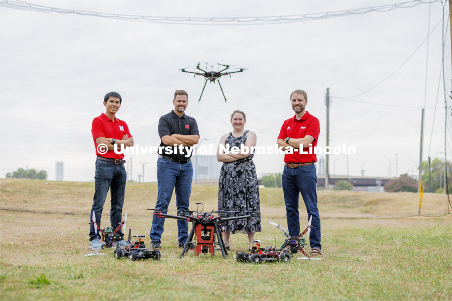 NIMBUS Lab faculty; Justin Bradley, Hoang-Dung Tran, Brittany Duncan, Carrick Detweiler. NIMBUS lab at Nebraska Innovation Campus. October 6, 2021. Photo by Craig Chandler / University Communication.