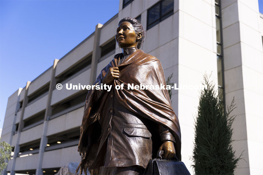 Dedication ceremony of a sculpture of Dr. Susan LaFlesche Picotte, the first Indigenous person to receive a medical degree was held at Heritage Plaza on Centennial Mall. Dr. LaFlesche Picotte was a member of the Omaha tribe. The sculpture dedication was part of the State’s day-long celebration of Nebraska’s first Indigenous Peoples Day. October 11, 2021. Photo by Craig Chandler / University Communication.