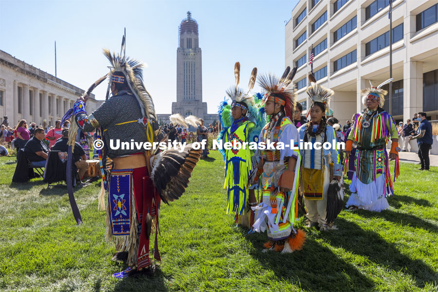 The White Eagle Club and Big Red Sheridan Family Drum gave a tribal powwow exhibition following the dedication. Dedication ceremony of a sculpture of Dr. Susan LaFlesche Picotte, the first Indigenous person to receive a medical degree was held at Heritage Plaza on Centennial Mall. Dr. LaFlesche Picotte was a member of the Omaha tribe. The sculpture dedication was part of the State’s day-long celebration of Nebraska’s first Indigenous Peoples Day. October 11, 2021. Photo by Craig Chandler / University Communication.