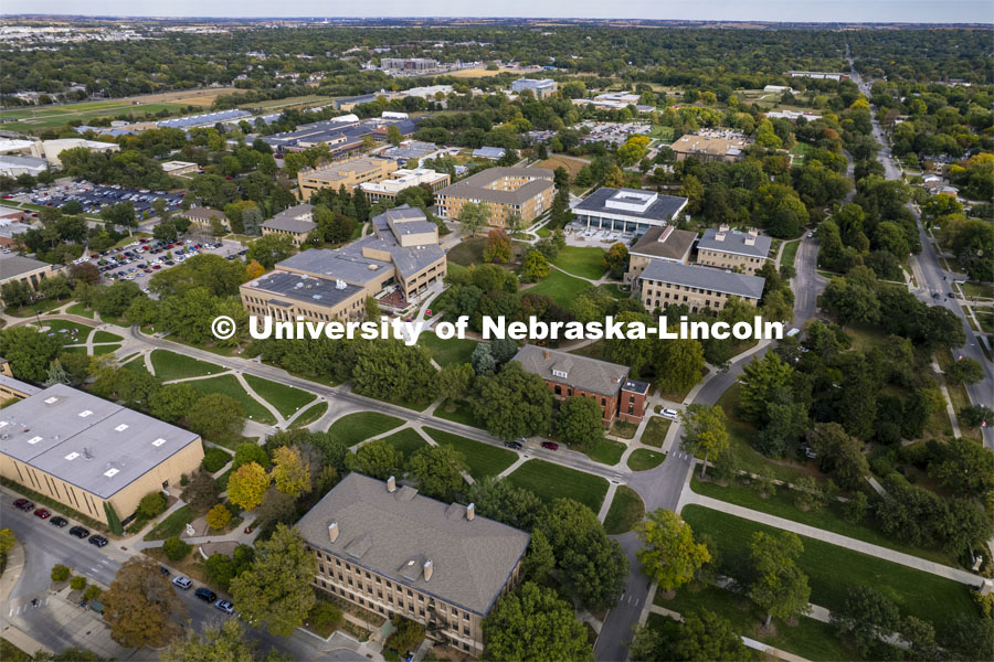 Aerial view of East Campus. October 14, 2021. Photo by Craig Chandler / University Communication.