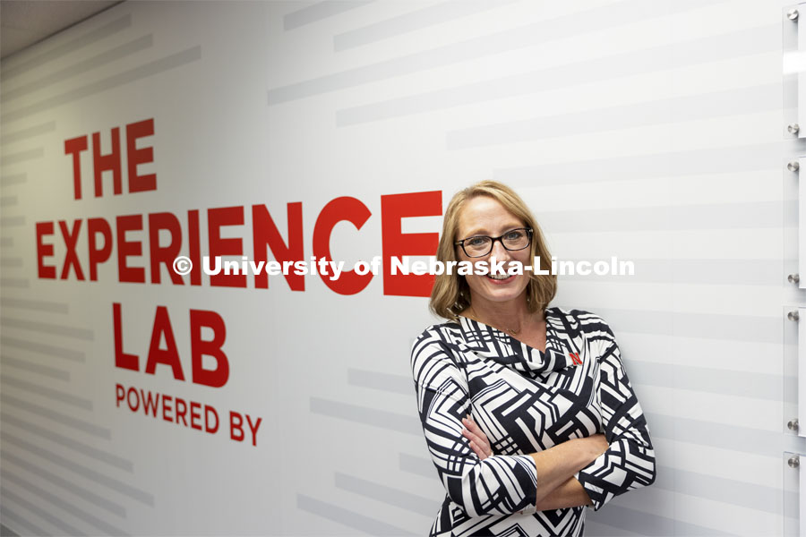 Shari Veil, Dean of the College of Journalism and Mass Communications poses in the Experience Lab. College of Journalism and Mass Communication’s Experience Lab space at the Agency. The area is a new student space on the third floor the Children’s Museum next to Andersen Hall. November 1, 2021. Photo by Craig Chandler / University Communication.