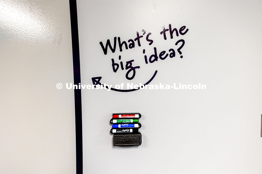 A marker board in one of the classrooms in the College of Journalism and Mass Communication’s Experience Lab space at the Agency reads "What's the big idea?". The area is a new student space on the third floor the Children’s Museum next to Andersen Hall. November 1, 2021. Photo by Craig Chandler / University Communication.