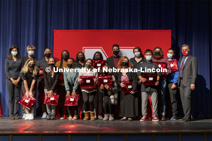 Omaha North NCPA senior cohort. Chancellor Ronnie Green gives admission certificates to Nebraska College Preparatory Academy seniors at Omaha South and Omaha North high schools. November 2, 2021. Photo by Craig Chandler / University Communication.