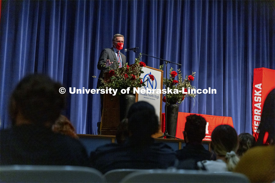 Chancellor Ronnie Green gives admission certificates to Nebraska College Preparatory Academy seniors at Omaha South and Omaha North high schools. November 2, 2021. Photo by Craig Chandler / University Communication.