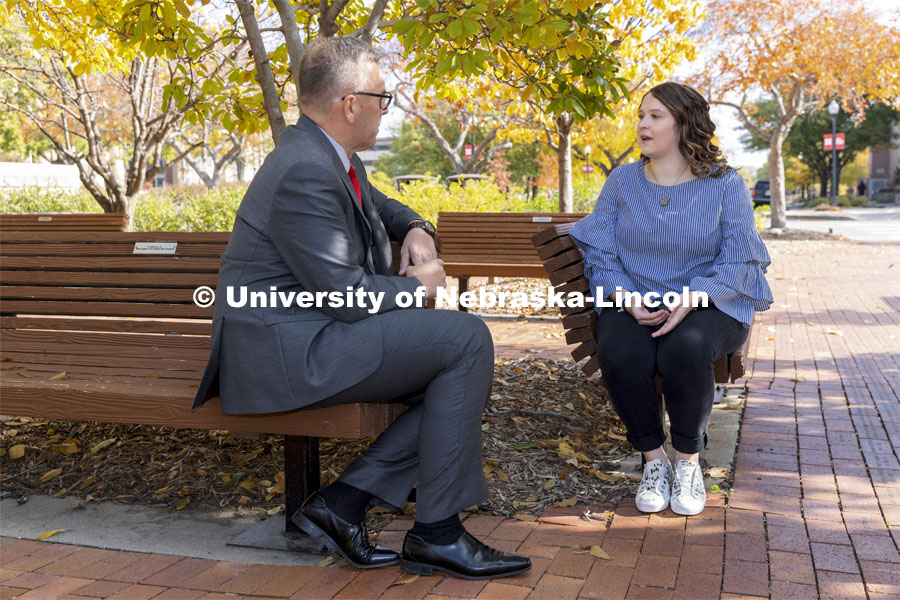 Chancellor Ronnie Green and  Maddie Swanson talk over their first-gen college experiences. November 4, 2021. Photo by Craig Chandler / University Communication