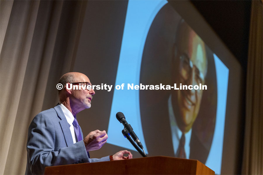 Journalism professor Joseph Weber discusses his research for the book. Book launch and celebration of “Rhymes with Fighter: Clayton Yuetter, American Statesman”. The book by journalism professor Joseph Weber is a biography about Yeutter. November 4, 2021. Photo by Craig Chandler / University Communication.