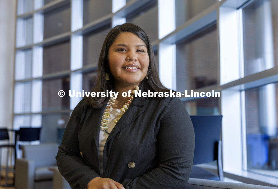 Zeriah George, a member of the Winnebago tribe, is featured in a Native American Heritage Month story. November 12, 2021. Photo by Craig Chandler / University Communication.