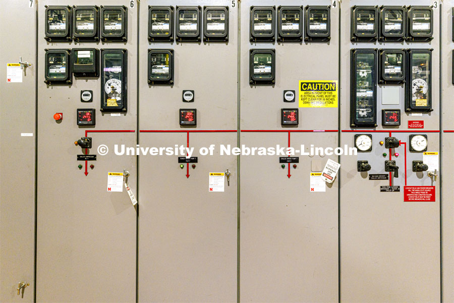 Electrical panel in the City Campus utility plant. November 17, 2021. Photo by Craig Chandler / University Communication.