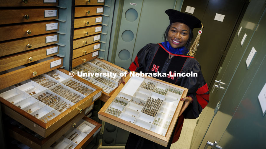 Blessing Ademokoya, a doctoral candidate in entomology, poses with the state museum’s collection of stink bugs. Ademokoya collected more than 3,000 of the various varieties of the bug that inhabit Nebraska. December 7, 2021. Photo by Craig Chandler / University Communication.