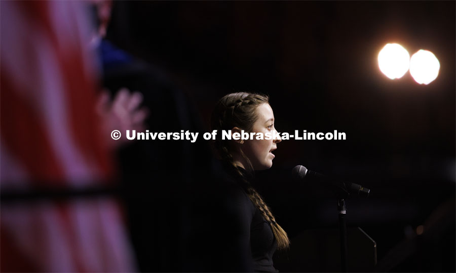 Hannah Healy sings the National Anthem for the Undergraduate Commencement at Pinnacle Bank Arena. December 18, 2021. Photo by Craig Chandler / University Communication.
